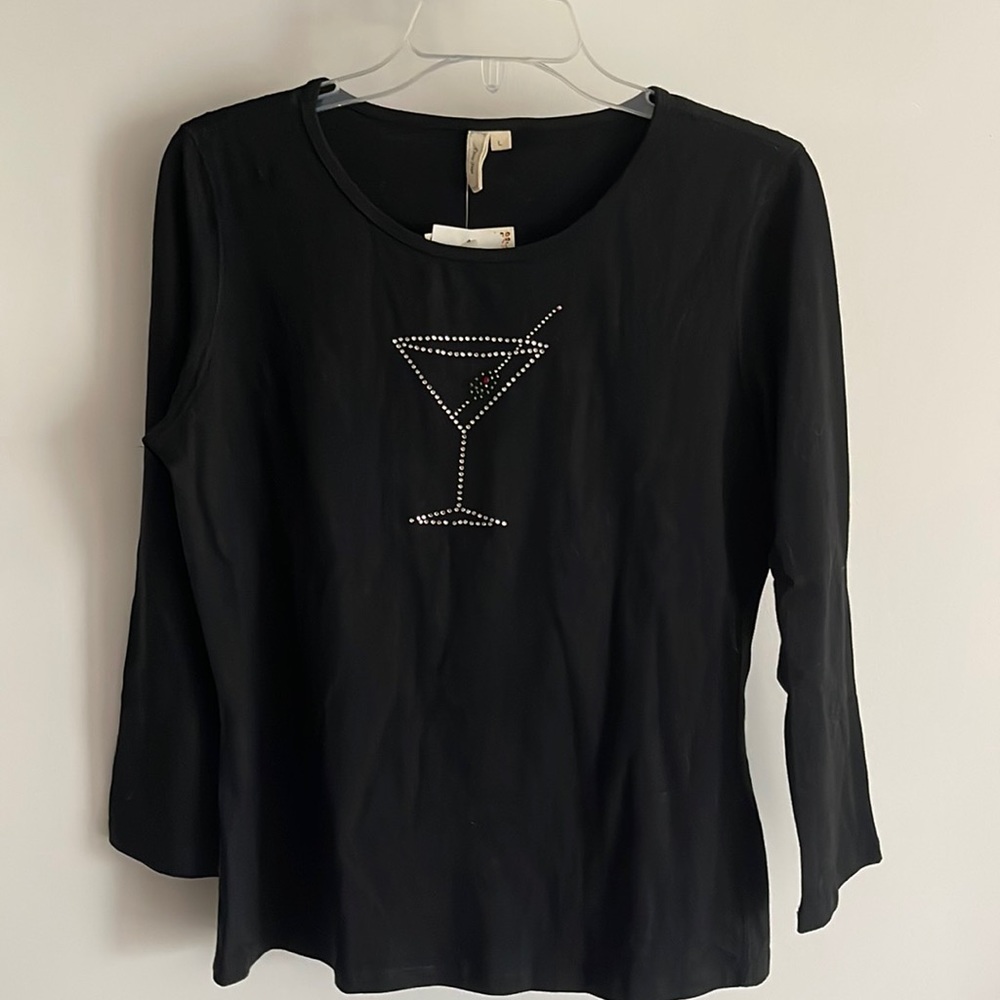Black Long-Sleeve Tee with Rhinestone Martini Motif